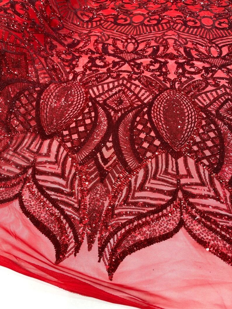 Mermaid Fashion Design with Sequins Embroider on a 4 Way Stretch Mesh Fabric-Sold by The Yard. Red