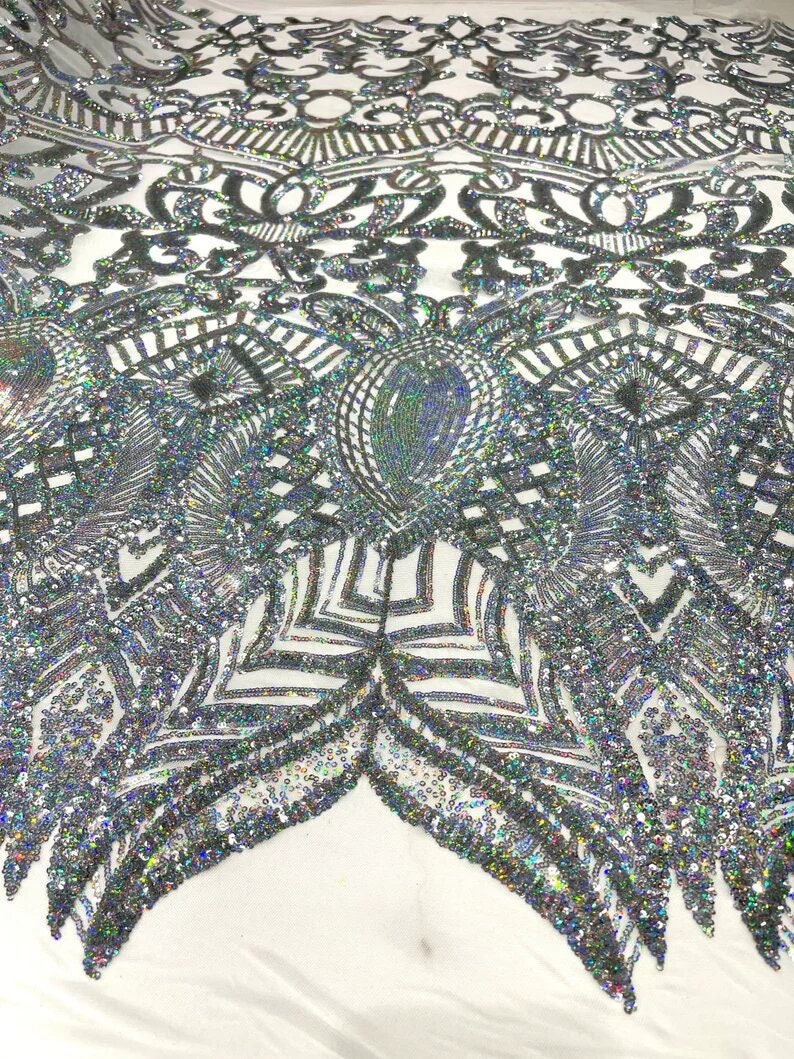 Mermaid Fashion Design with Sequins Embroider on a 4 Way Stretch Mesh Fabric-Sold by The Yard. Silver Iridescent