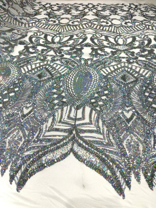 Mermaid Fashion Design with Sequins Embroider on a 4 Way Stretch Mesh Fabric-Sold by The Yard. Silver Iridescent