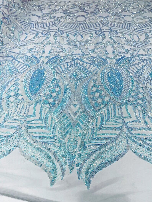 Mermaid Fashion Design with Sequins Embroider on a 4 Way Stretch Mesh Fabric-Sold by The Yard. Aqua Clear Iridescent