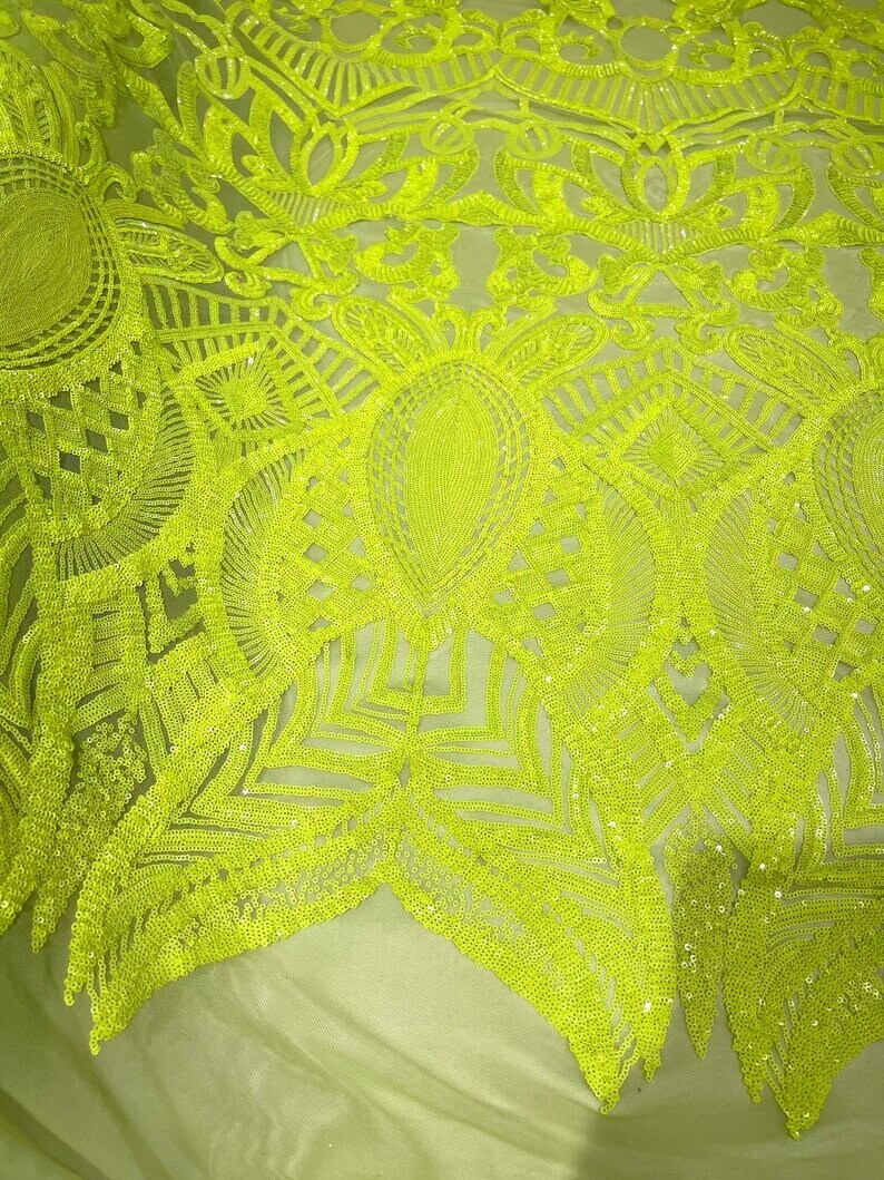 Mermaid Fashion Design with Sequins Embroider on a 4 Way Stretch Mesh Fabric-Sold by The Yard. Neon Green