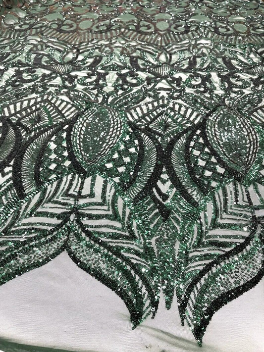 Mermaid Fashion Design with Sequins Embroider on a 4 Way Stretch Mesh Fabric-Sold by The Yard. Hunter Green