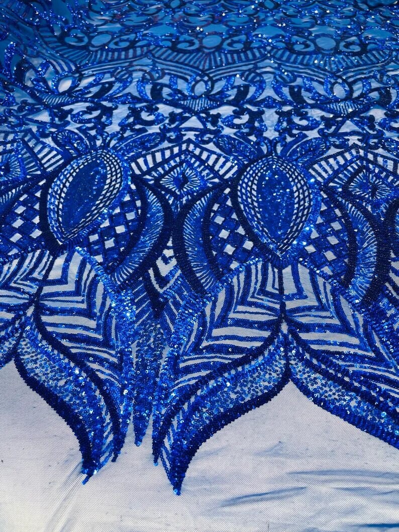 Mermaid Fashion Design with Sequins Embroider on a 4 Way Stretch Mesh Fabric-Sold by The Yard. Royal Blue