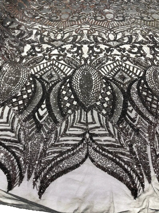 Mermaid Fashion Design with Sequins Embroider on a 4 Way Stretch Mesh Fabric-Sold by The Yard. Black