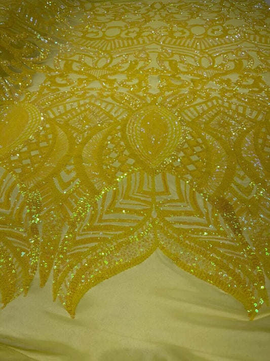 Mermaid Fashion Design with Sequins Embroider on a 4 Way Stretch Mesh Fabric-Sold by The Yard. Bright Yellow Iridescent