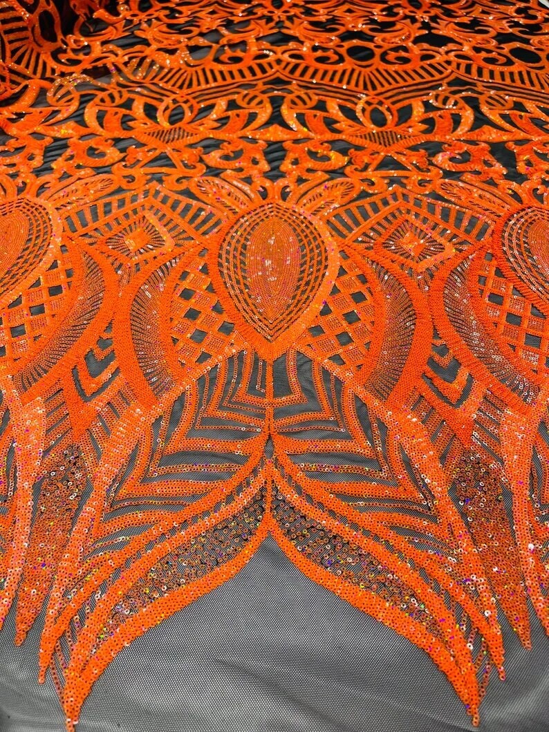 Mermaid Fashion Design with Sequins Embroider on a 4 Way Stretch Mesh Fabric-Sold by The Yard. Neon Orange Iridescent Black