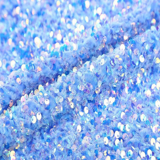 5mm Sequins on a Stretch Velvet 2-Way Stretch Sold By The Yard. Light Blue