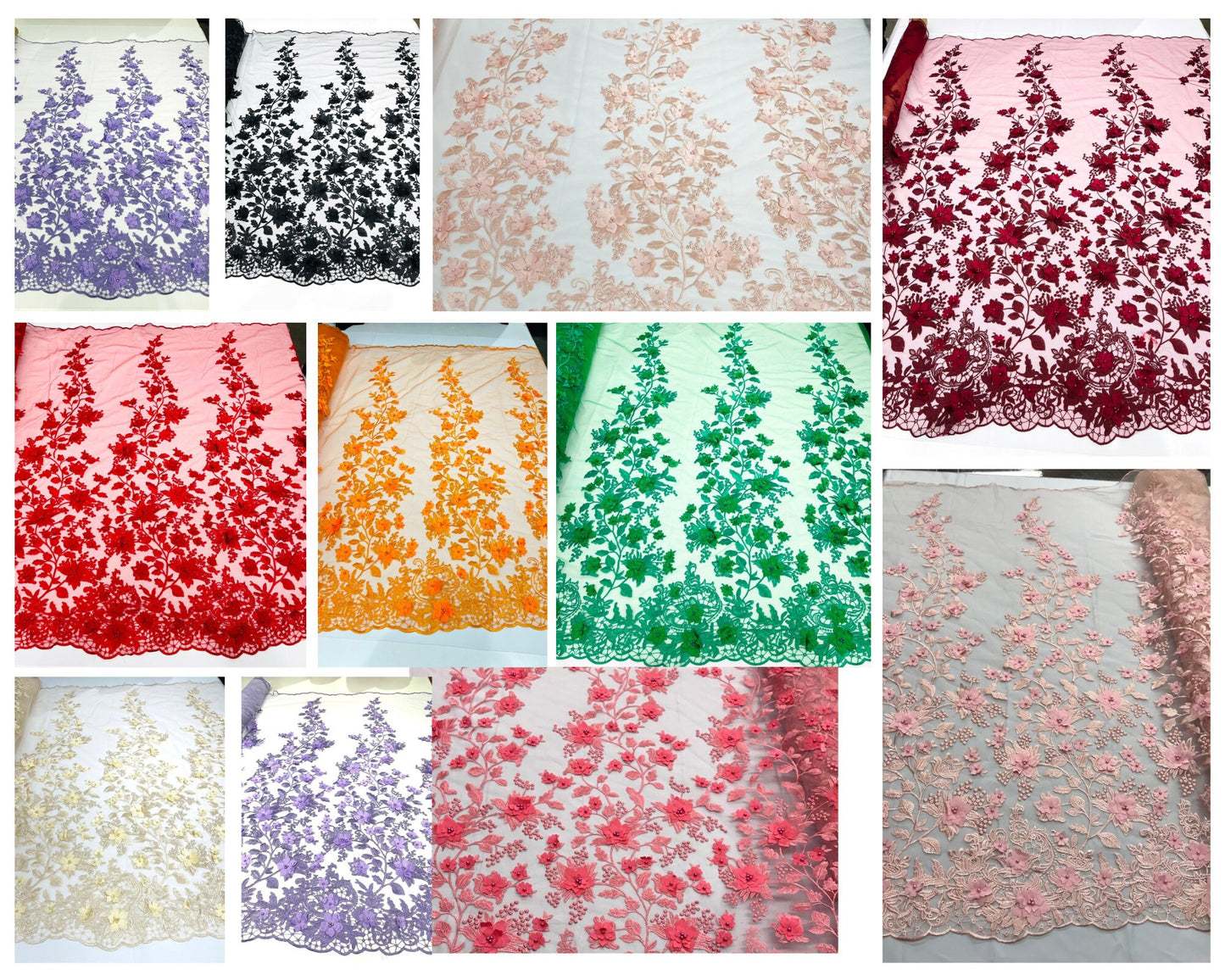 3D Beaded Floral Mixed Corded Flower Lace Fabric -- Embroidery on a Mesh Lace Fabric By The Yard