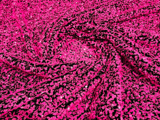 5mm Sequins on a Stretch Velvet 2-Way Stretch Sold By The Yard. Neon Pink Black