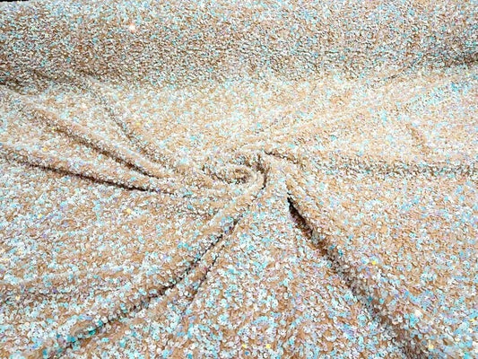 5mm Sequins on a Stretch Velvet 2-Way Stretch Sold By The Yard. Aqua White Iridescent