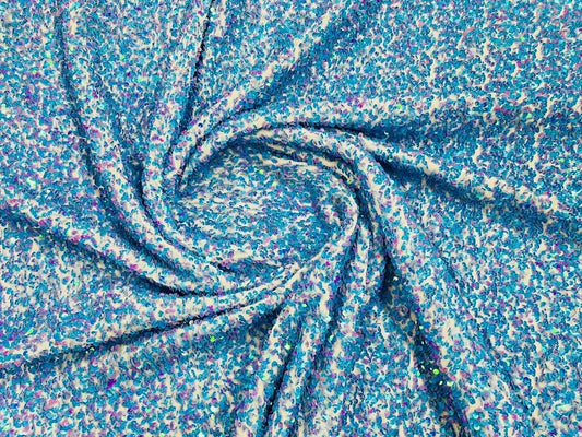 5mm Sequins on a Stretch Velvet 2-Way Stretch Sold By The Yard. Blue Lilac Iridescent