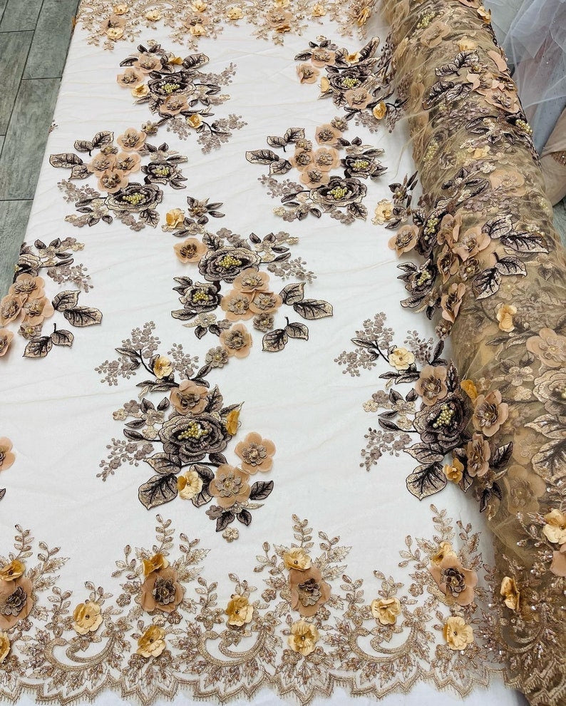 Luxury 3D Floral Designs Embroider with Sequins and Heavy Beaded on a Mesh Lace Fabric-Sold by The Yard-