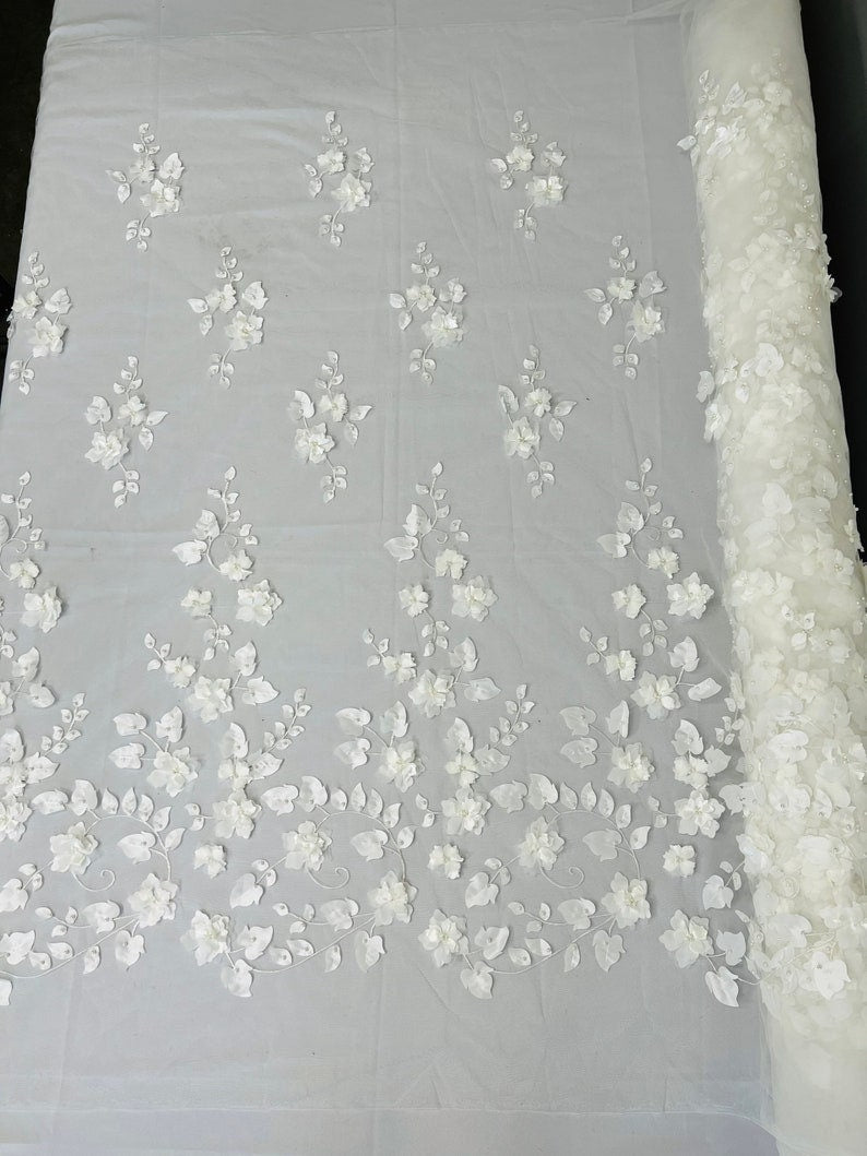 3D Beaded Floral Corded Flower Lace Fabric -- Embroidery on a Mesh Lace Fabric By The Yard