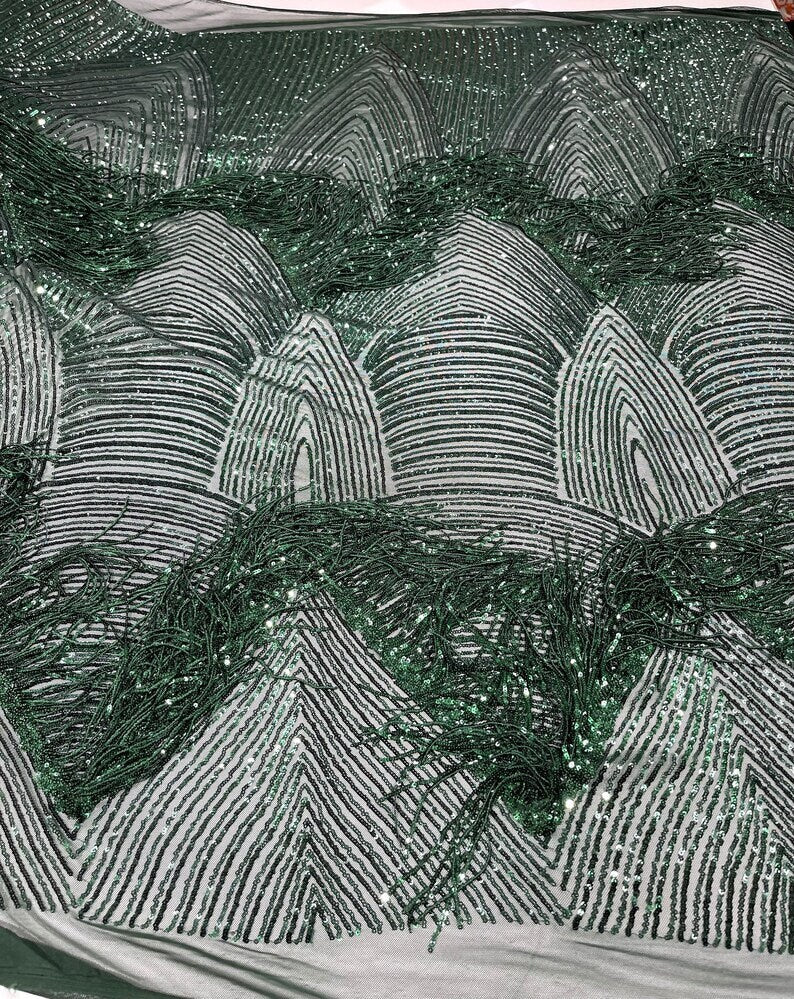 Iridescent Shiny Fringe Sequins Design on a 4 Way Stretch Mesh Fabric-Prom-Sold by The Yard.