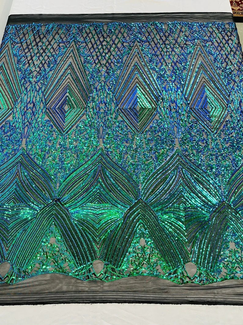 Iridescent Diamond Luxury Design Fashion Sequin Design on a 4 Way Stretch Mesh Fabric-Prom-Sold by The Yard.