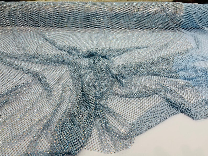 Luxury Iridescent Rhinestones On Soft Stretch Fish Net Fabric 45" Wide -sold by The Yard.