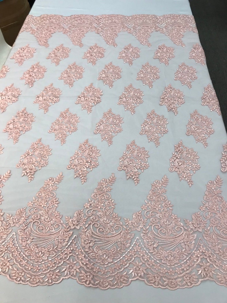 Corded Floral Lace Fabric -- Embroidery on a Mesh Lace Fabric By The Yard