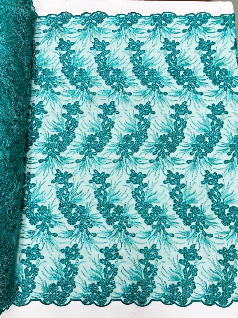 Corded Feathers Lace Fabric -- Embroidery on a Mesh Lace Fabric By The Yard