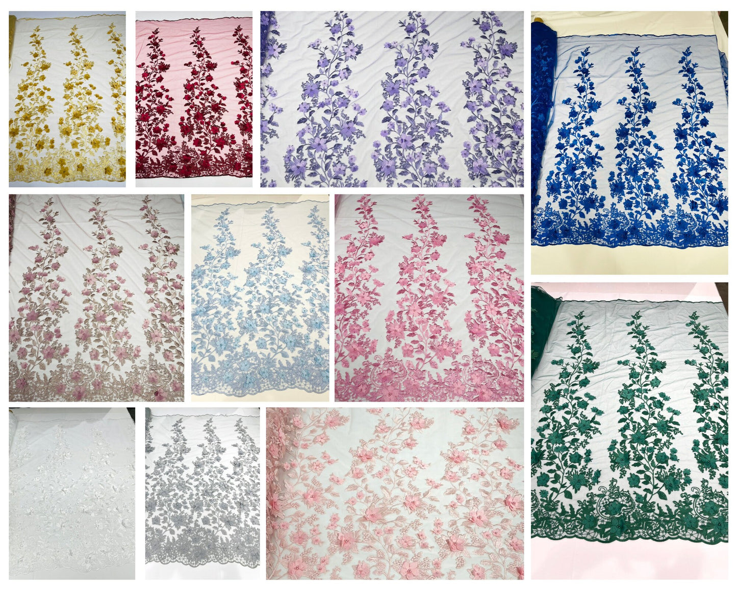 3D Beaded Floral Mixed Corded Flower Lace Fabric -- Embroidery on a Mesh Lace Fabric By The Yard