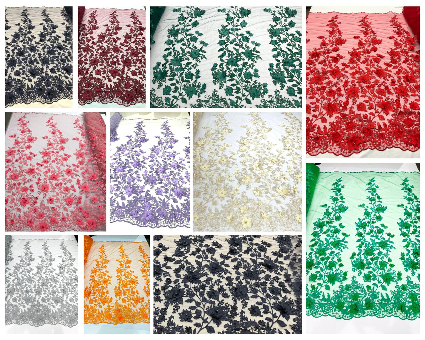 3D Beaded Floral Mixed Corded Flower Lace Fabric -- Embroidery on a Mesh Lace Fabric By The Yard