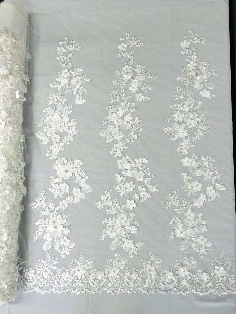 3D Floral Beaded Corded Flower Lace Fabric -- Embroidery on a Mesh Lace Fabric By The Yard