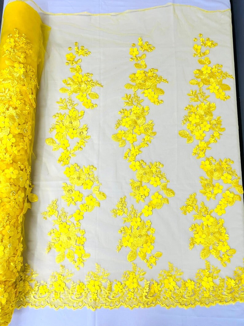 3D Floral Beaded Corded Flower Lace Fabric -- Embroidery on a Mesh Lace Fabric By The Yard