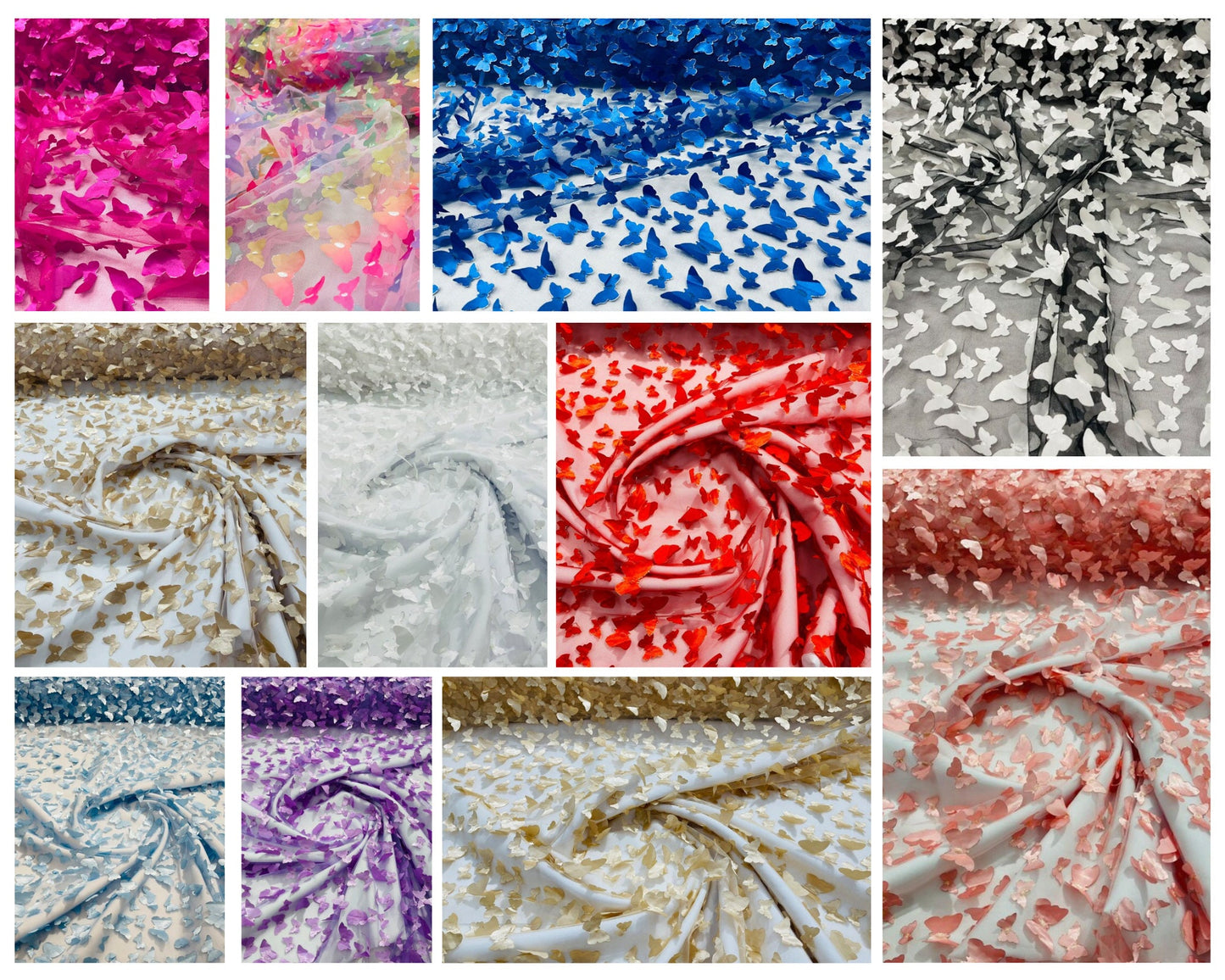 3D Butterfly Metallic Design Embroider on a Mesh Fabric - Sold By the Yard .