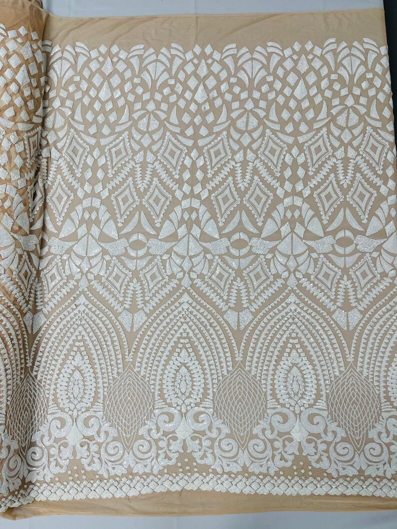 Geometric Luxury Fashion Design with Sequins Embroider on a 4 Way Stretch Mesh Fabric-Sold by The Yard. White Nude