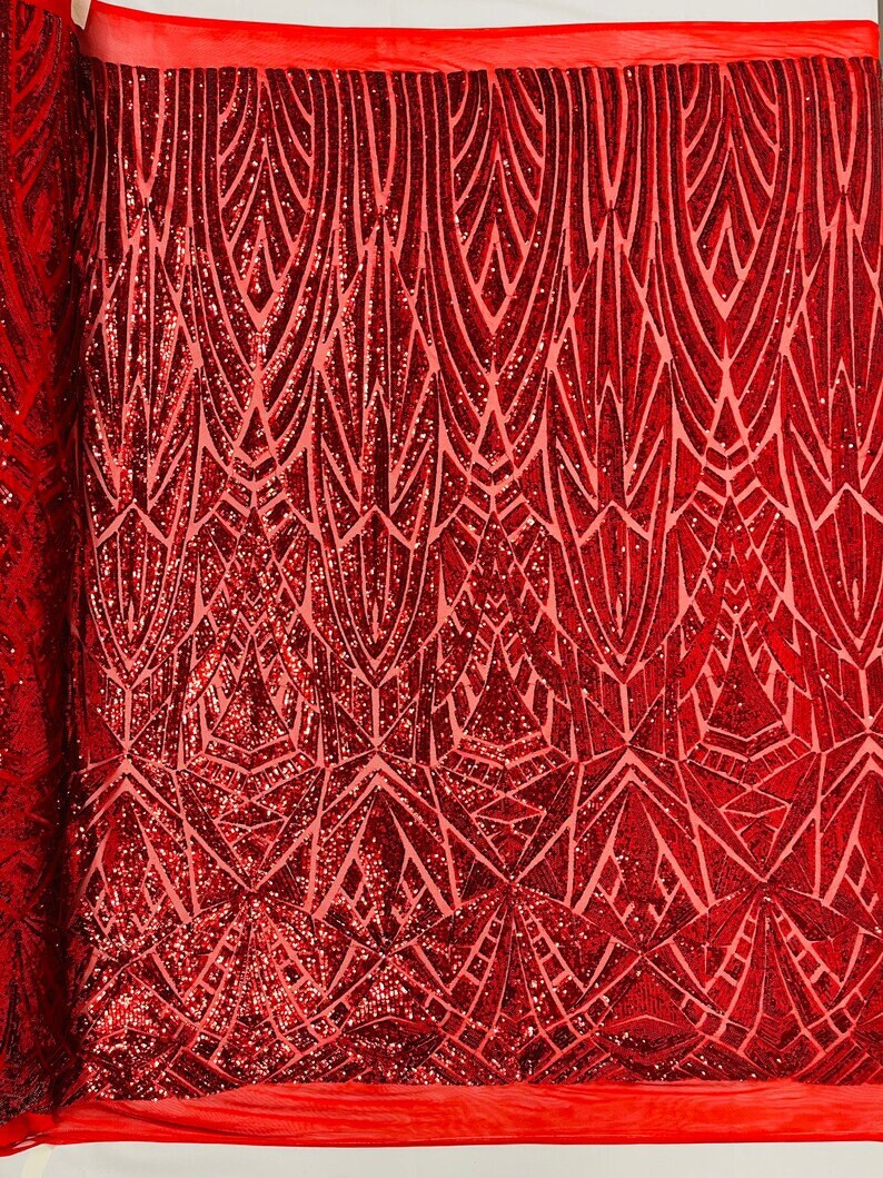 Geometric Luxury Fashion Design with Sequins Embroider on a 4 Way Stretch Mesh Fabric-Sold by The Yard. Red