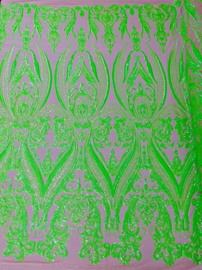 Luxury Fashion Design with Sequins Embroider on a 4 Way Stretch Mesh Fabric-Sold by The Yard. Neon Green Iridescent Nude