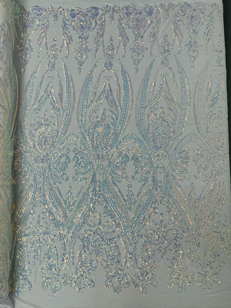 Luxury Fashion Design with Sequins Embroider on a 4 Way Stretch Mesh Fabric-Sold by The Yard. Aqua Iridescent White