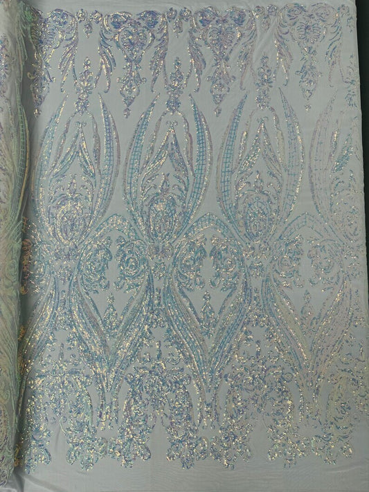 Luxury Fashion Design with Sequins Embroider on a 4 Way Stretch Mesh Fabric-Sold by The Yard. Aqua Iridescent White