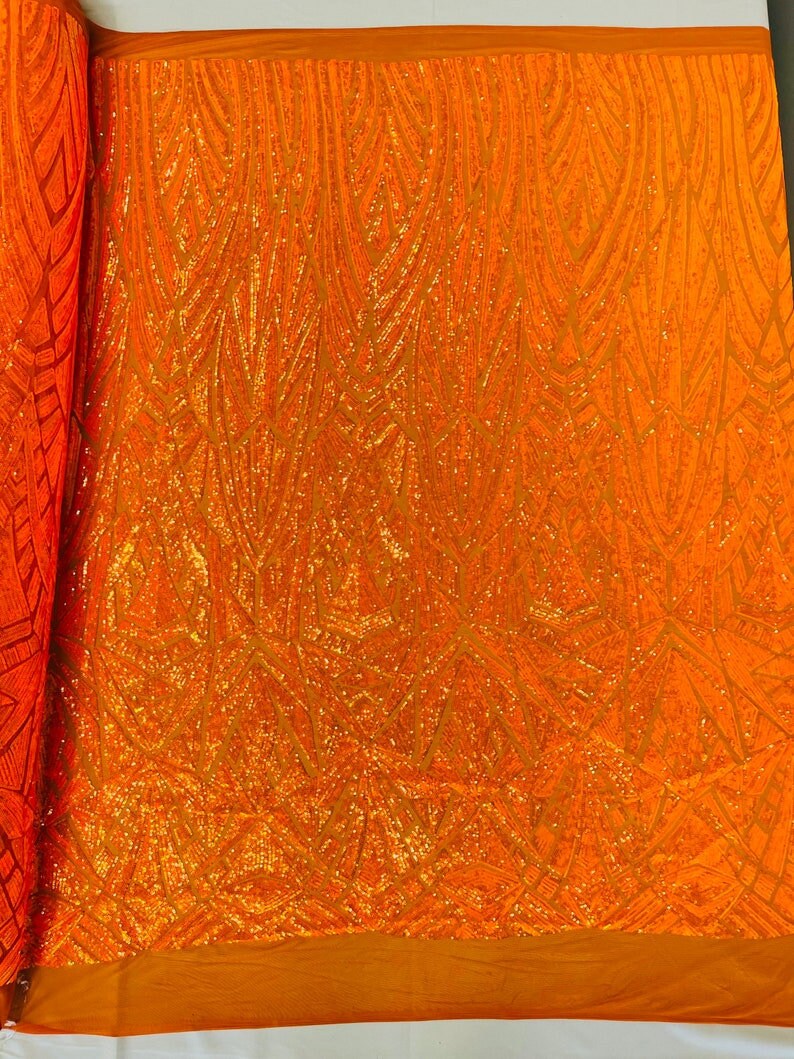 Geometric Luxury Fashion Design with Sequins Embroider on a 4 Way Stretch Mesh Fabric-Sold by The Yard. Neon Orange Iridescent