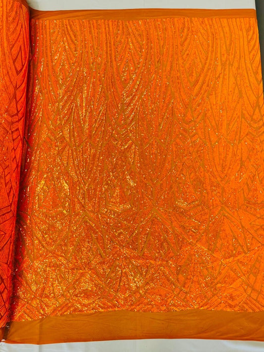 Geometric Luxury Fashion Design with Sequins Embroider on a 4 Way Stretch Mesh Fabric-Sold by The Yard. Neon Orange Iridescent