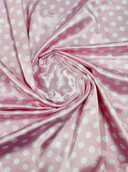 Polka Dot On A Soft Charmeuse Satin Fabric Sold By The Yard-60" Wide 100% Polyester. 1/2 Inch Pink White