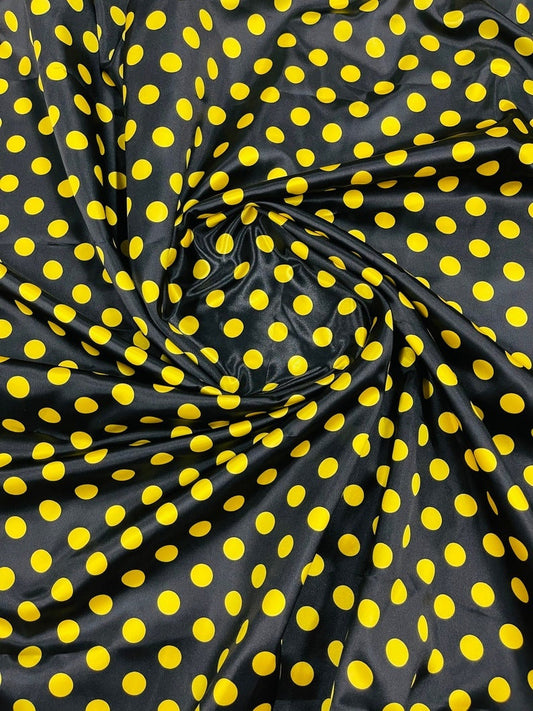 Polka Dot On A Soft Charmeuse Satin Fabric Sold By The Yard-60" Wide 100% Polyester. 1/2 Inch Black Yellow