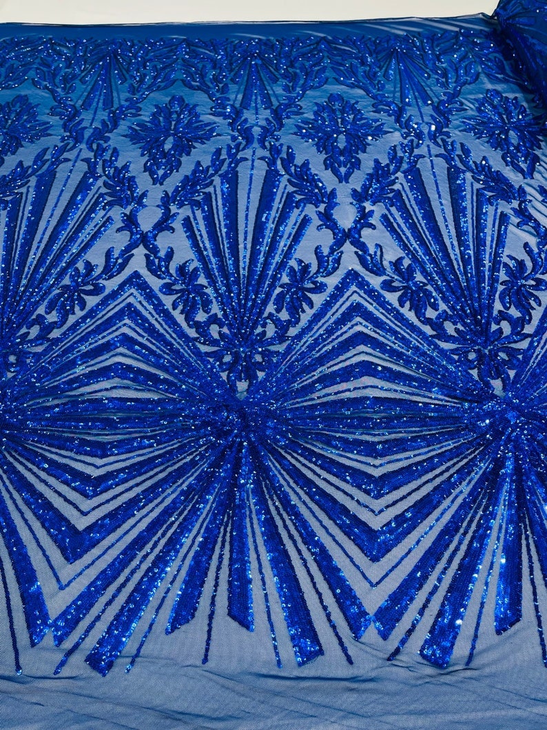 Spider Designs Fashion Design with Sequins Embroider on a 4 Way Stretch Mesh Fabric-Sold by The Yard. Royal Blue