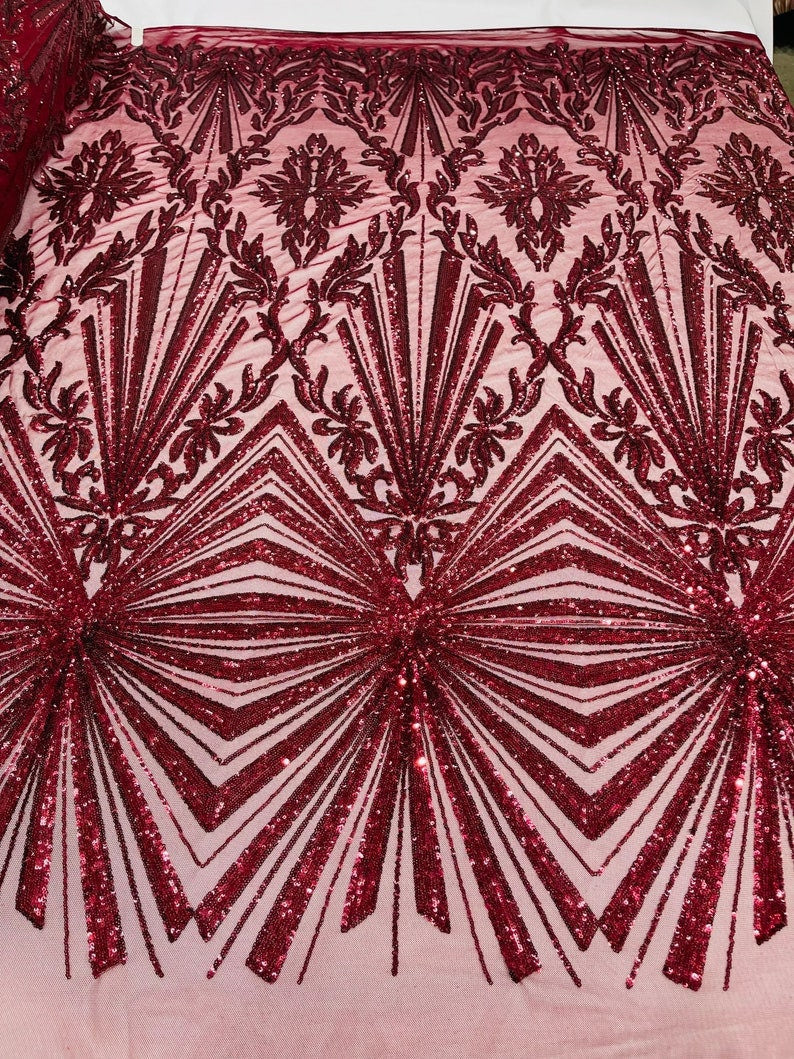 Spider Designs Fashion Design with Sequins Embroider on a 4 Way Stretch Mesh Fabric-Sold by The Yard. Burgundy