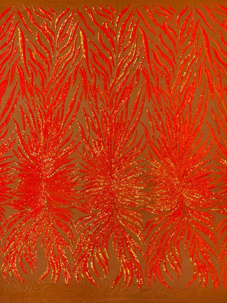 Top Choice Designs Fashion Design with Sequins Embroider on a 4 Way Stretch Mesh Fabric-Sold by The Yard. Neon Orange Iridescent