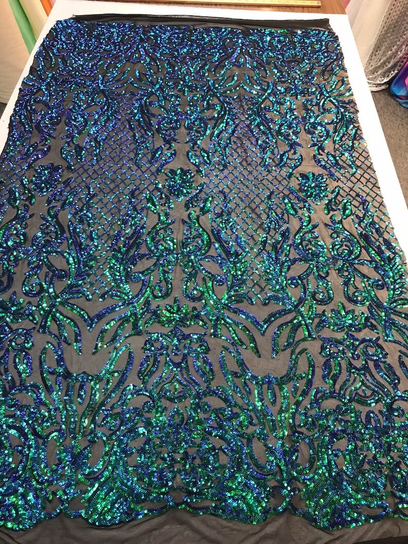 Iridescent Designers Fashion Sequin Design on a 4 Way Stretch Mesh Fabric-Prom-Sold by The Yard.