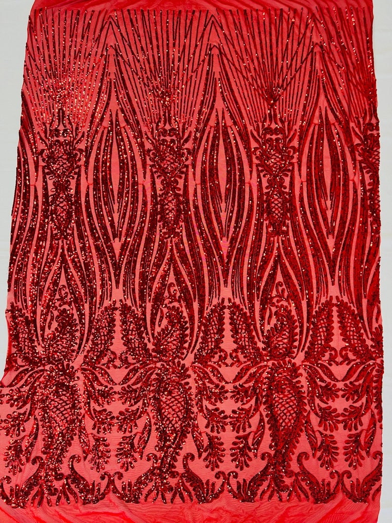 Sword Designs Fashion Design with Sequins Embroider on a 4 Way Stretch Mesh Fabric-Sold by The Yard. Red