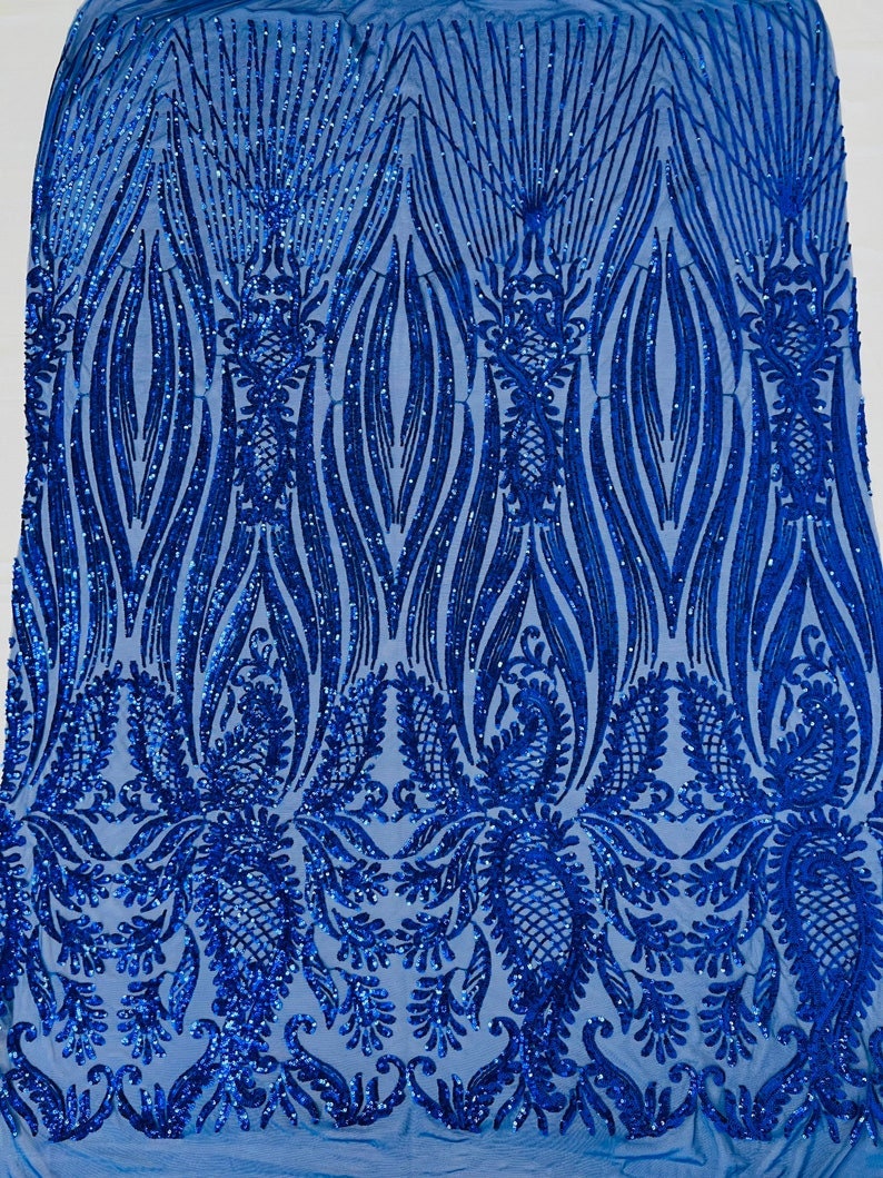 Sword Designs Fashion Design with Sequins Embroider on a 4 Way Stretch Mesh Fabric-Sold by The Yard. Royal Blue