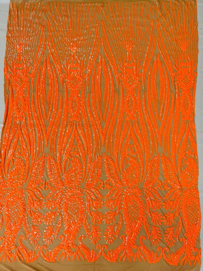 Sword Designs Fashion Design with Sequins Embroider on a 4 Way Stretch Mesh Fabric-Sold by The Yard. Orange Hologram