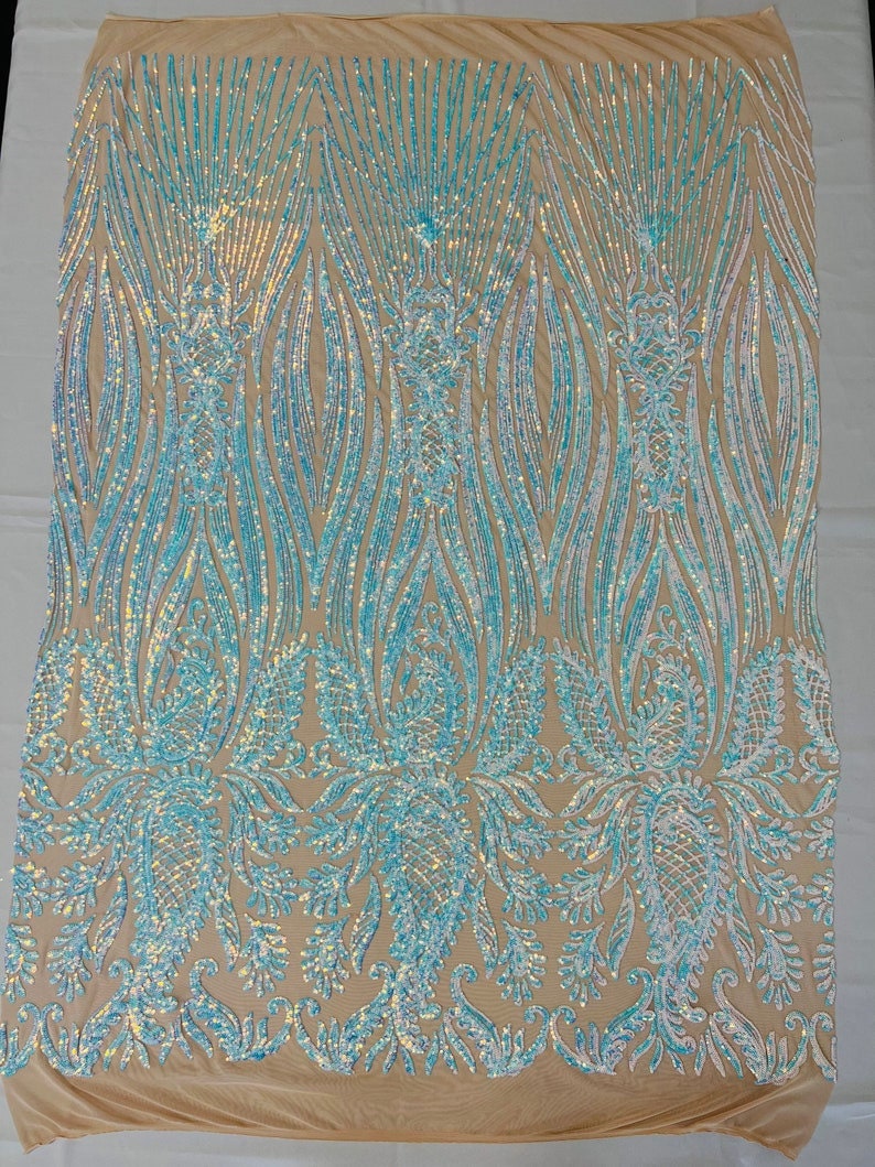 Sword Designs Fashion Design with Sequins Embroider on a 4 Way Stretch Mesh Fabric-Sold by The Yard. Aqua Iridescent