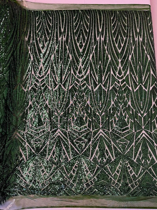 Geometric Luxury Fashion Design with Sequins Embroider on a 4 Way Stretch Mesh Fabric-Sold by The Yard. Hunter Green