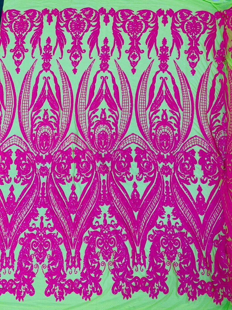 Luxury Fashion Design with Sequins Embroider on a 4 Way Stretch Mesh Fabric-Sold by The Yard. Hot Pink Neon Green