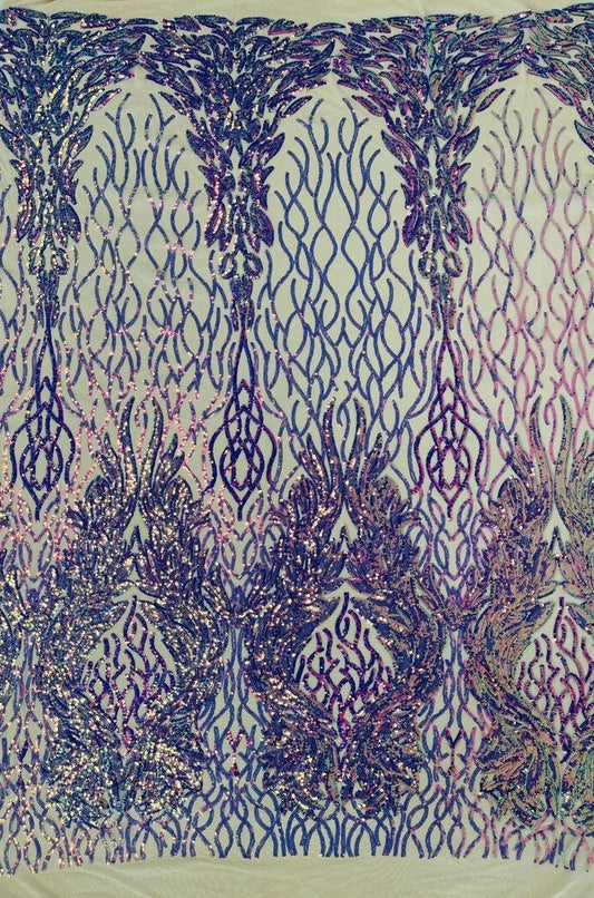 Exotic Fashion Design with Sequins Embroider on a 4 Way Stretch Mesh Fabric-Sold by The Yard. Lavender Iridescent