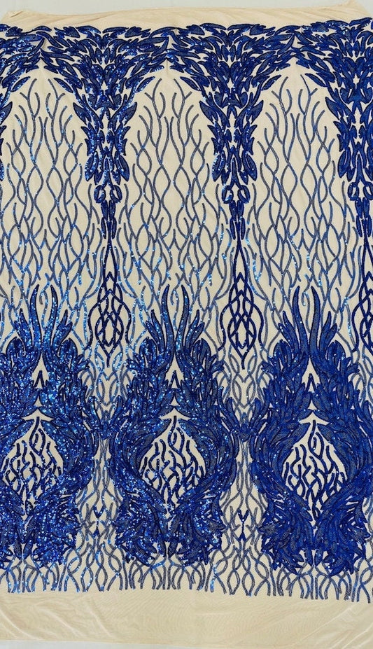 Exotic Fashion Design with Sequins Embroider on a 4 Way Stretch Mesh Fabric-Sold by The Yard. Royal Blue