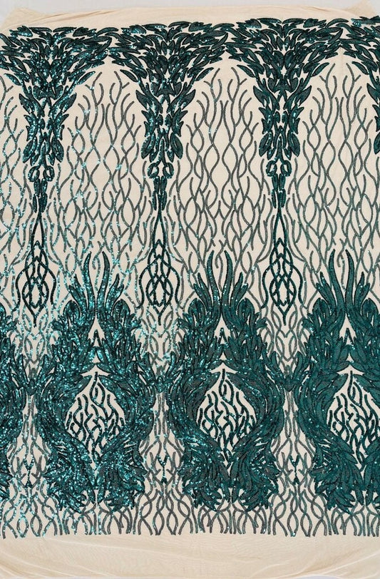 Exotic Fashion Design with Sequins Embroider on a 4 Way Stretch Mesh Fabric-Sold by The Yard. Hunter Green