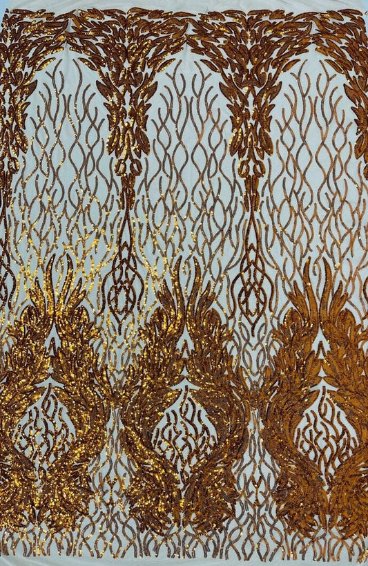 Exotic Fashion Design with Sequins Embroider on a 4 Way Stretch Mesh Fabric-Sold by The Yard. Orange